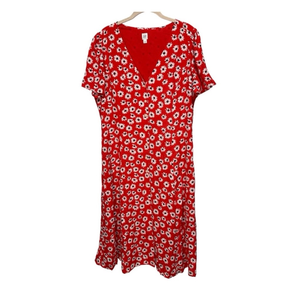 Gap Button Front Midi Dress  Red Daisies Romantic Spring Slight Fit &Flare Sz 16